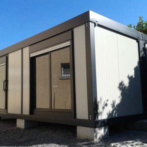 Conteneur 27M2 ENSEMBLE 2 BUNGALOWS BUREAUX (série ISOPLUS, RAL 7016, baie vitrée coulissante, volets roulants)